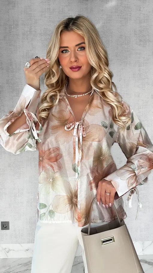 Asymetryczna bluzka MGIEŁKA w malowane beżowe kwiaty ONE SIZE - P432B