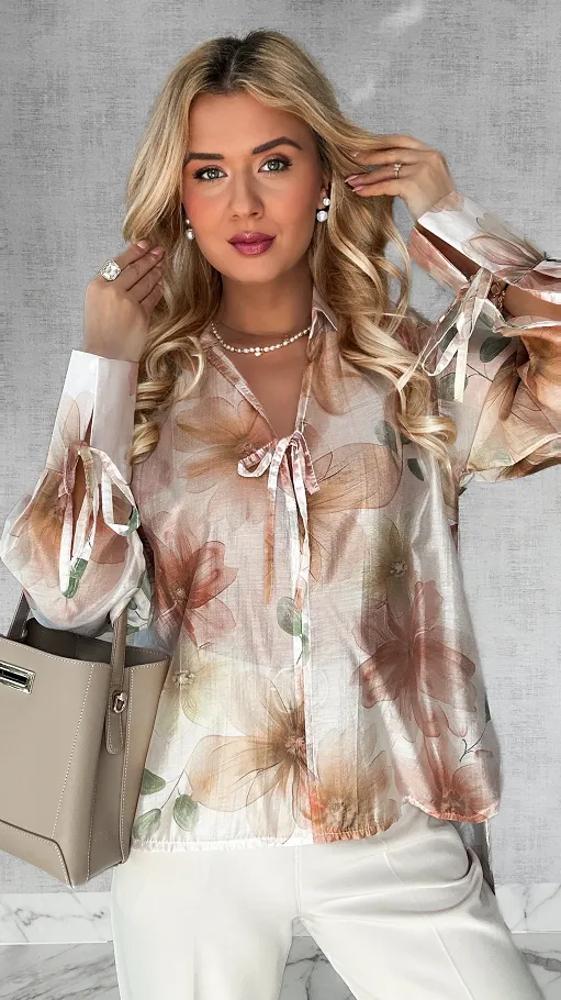 Asymetryczna bluzka MGIEŁKA w malowane beżowe kwiaty ONE SIZE - P432B