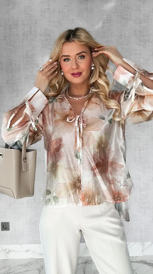 Asymetryczna bluzka MGIEŁKA w malowane beżowe kwiaty ONE SIZE - P432B