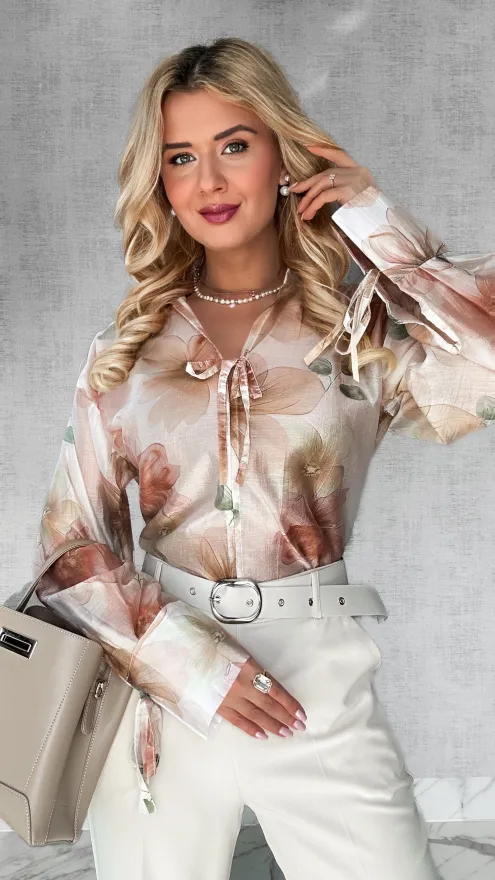 Asymetryczna bluzka MGIEŁKA w malowane beżowe kwiaty ONE SIZE - P432B