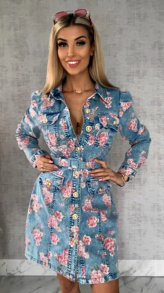 Elastyczna jeansowa sukienka w kolorowe kwiaty BLUE JEANS - R628