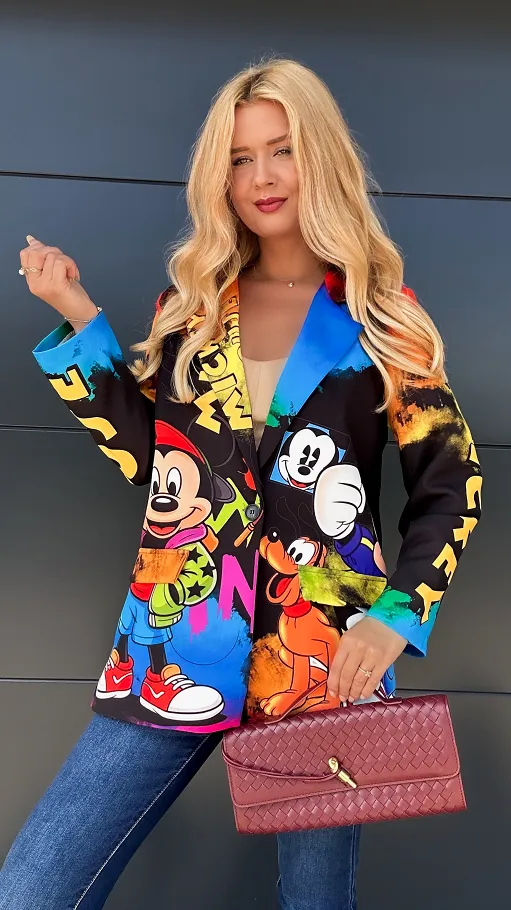 Stylowa marynarka z kolorowym bajkowym motywem OVERSIZE - R027