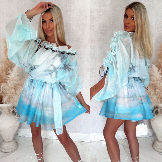 Oryginalna sukienka hiszpanka bawełna z lnem ONE SIZE blue - S055A