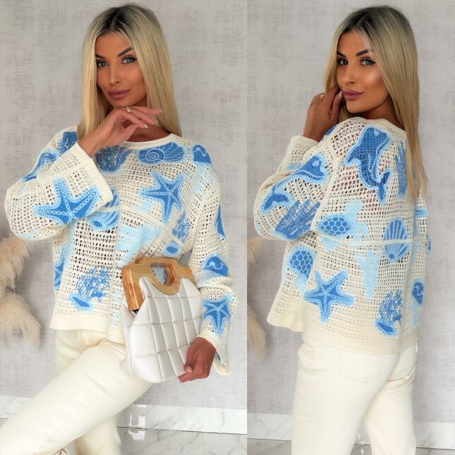 Ażurowy lekki sweter z bawełny z morskimi motywami ONE SIZE - S126