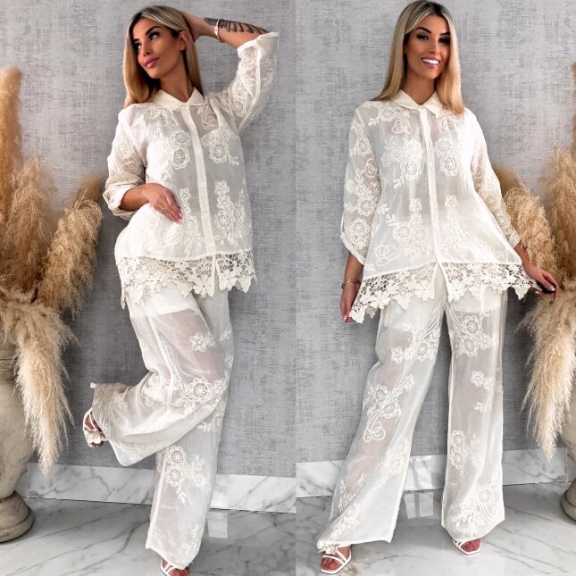 Piękny wiosenny BOHO komplet z bawełny koszula + spodnie ONE SIZE ecru - R647A