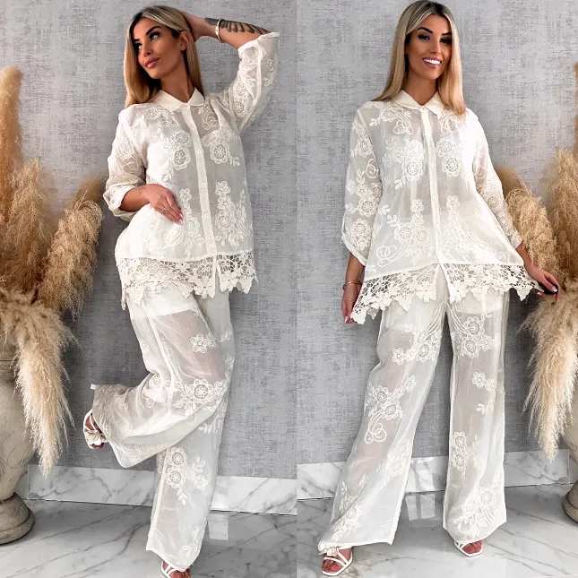 Piękny wiosenny BOHO komplet z bawełny koszula + spodnie ONE SIZE ecru - R647A