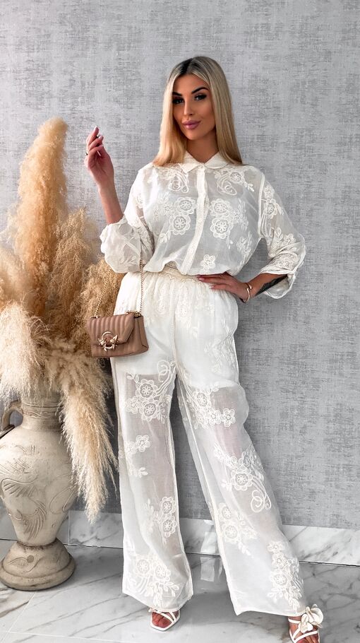 Piękny wiosenny BOHO komplet z bawełny koszula + spodnie ONE SIZE ecru - R647A