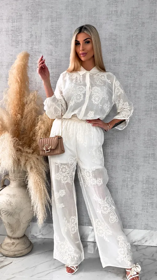 Piękny wiosenny BOHO komplet z bawełny koszula + spodnie ONE SIZE ecru - R647A