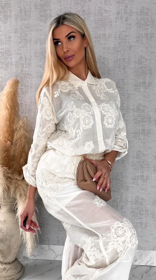 Piękny wiosenny BOHO komplet z bawełny koszula + spodnie ONE SIZE ecru - R647A