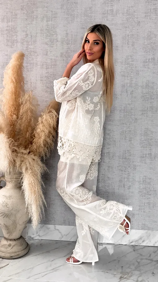 Piękny wiosenny BOHO komplet z bawełny koszula + spodnie ONE SIZE ecru - R647A