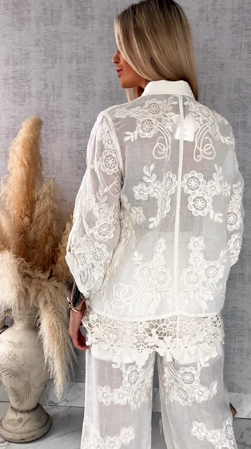 Piękny wiosenny BOHO komplet z bawełny koszula + spodnie ONE SIZE ecru - R647A