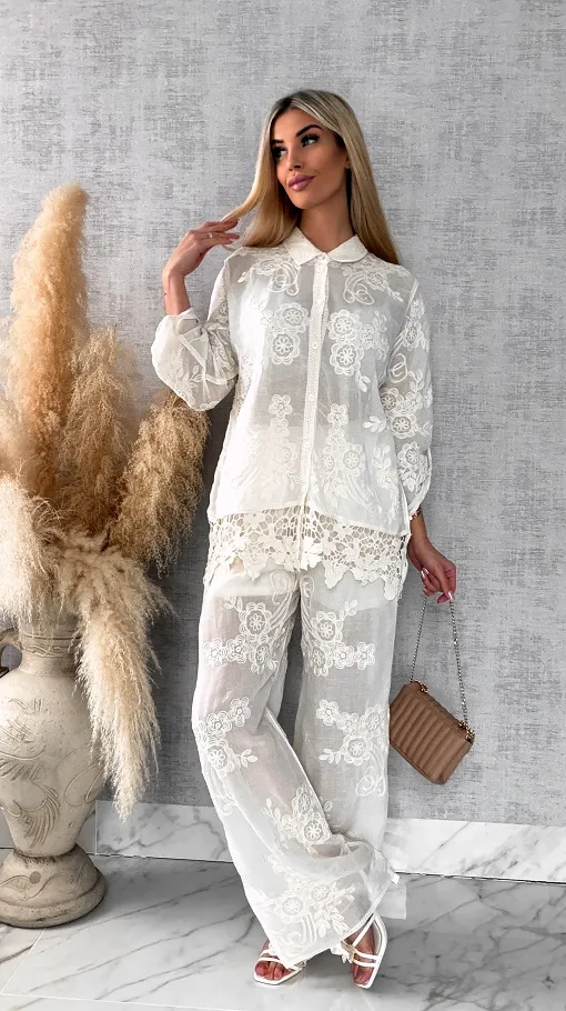 Piękny wiosenny BOHO komplet z bawełny koszula + spodnie ONE SIZE ecru - R647A