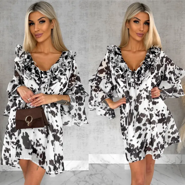 Brązowo biała sukienka z jedwabiem ONE SIZE - R482