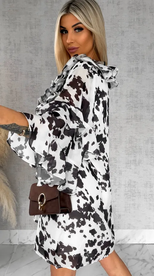 Brązowo biała sukienka z jedwabiem ONE SIZE - R482