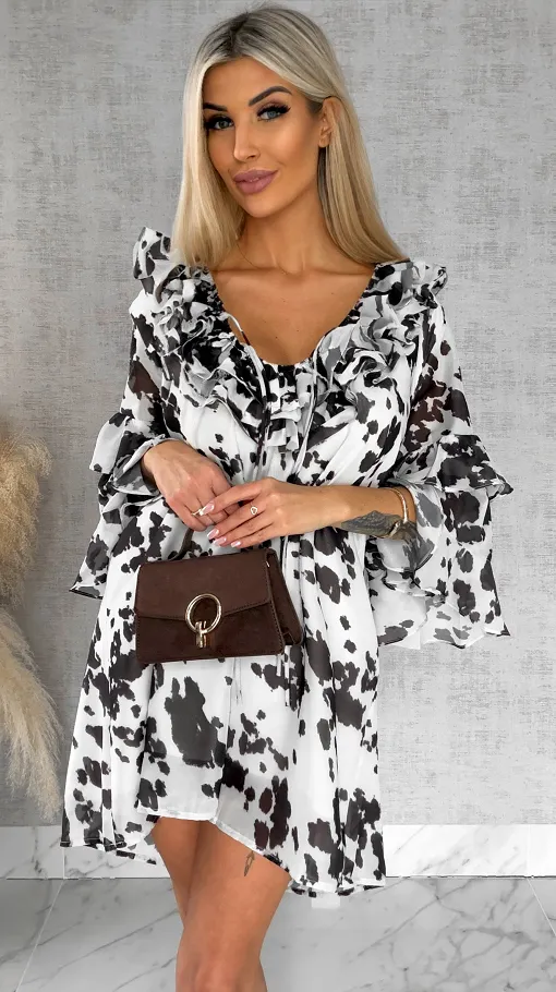 Brązowo biała sukienka z jedwabiem ONE SIZE - R482