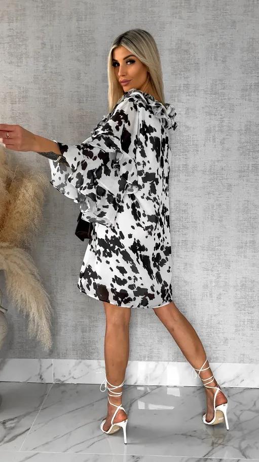 Brązowo biała sukienka z jedwabiem ONE SIZE - R482