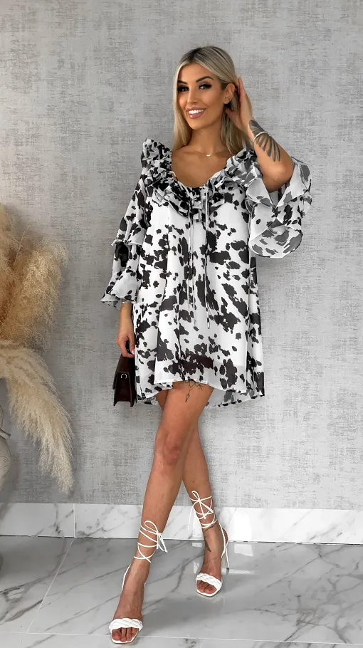 Brązowo biała sukienka z jedwabiem ONE SIZE - R482