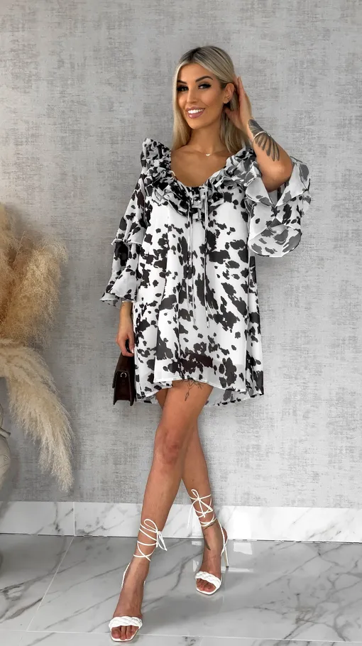 Brązowo biała sukienka z jedwabiem ONE SIZE - R482