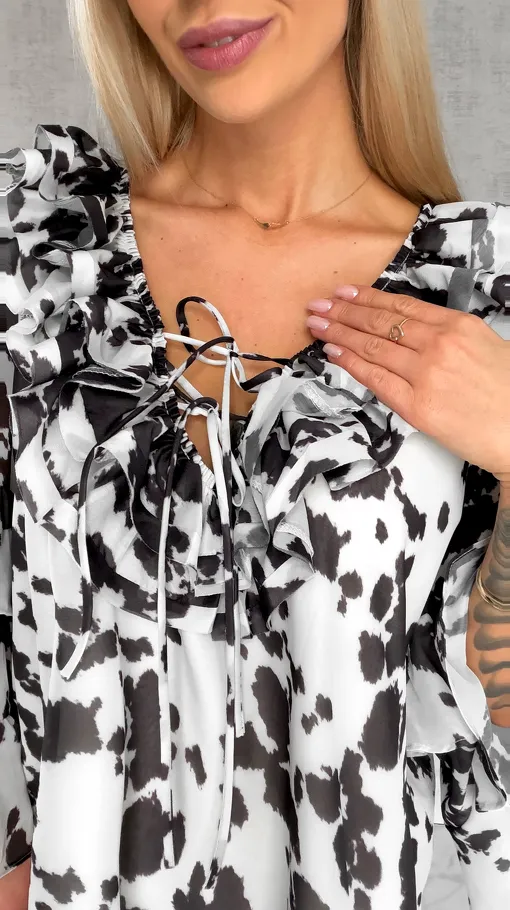 Brązowo biała sukienka z jedwabiem ONE SIZE - R482