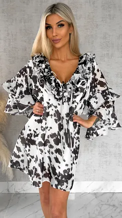 Brązowo biała sukienka z jedwabiem ONE SIZE - R482