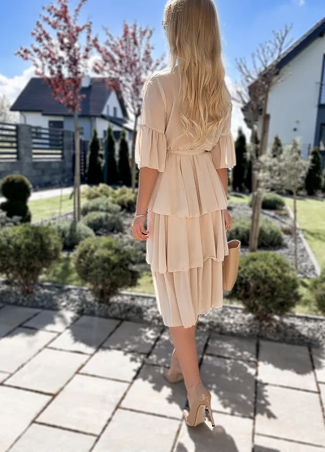 Idealna MAXI sukienka na wesele z różą BEŻOWA - N107A