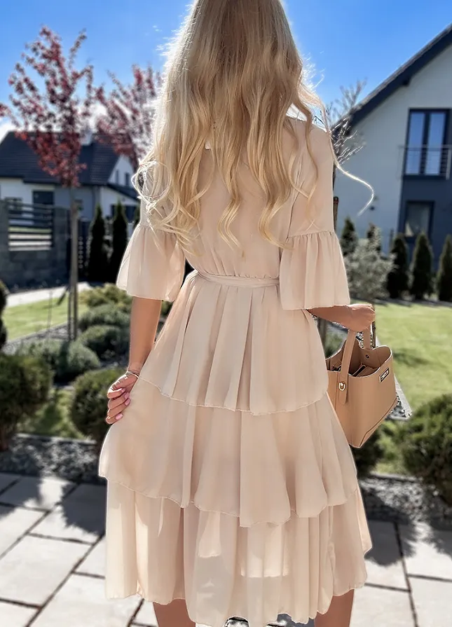 Idealna MAXI sukienka na wesele z różą BEŻOWA - N107A