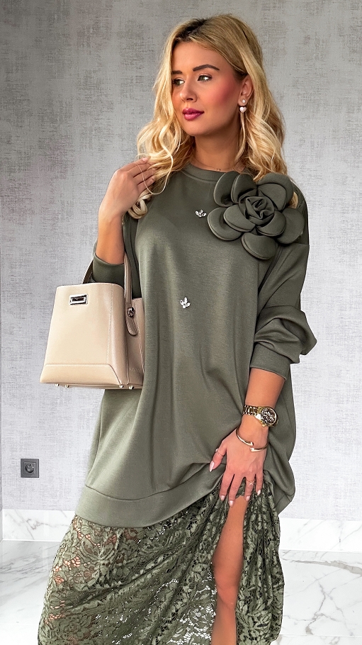 MAXI sukienka z koronką w sportowym stylu KHAKI - P232