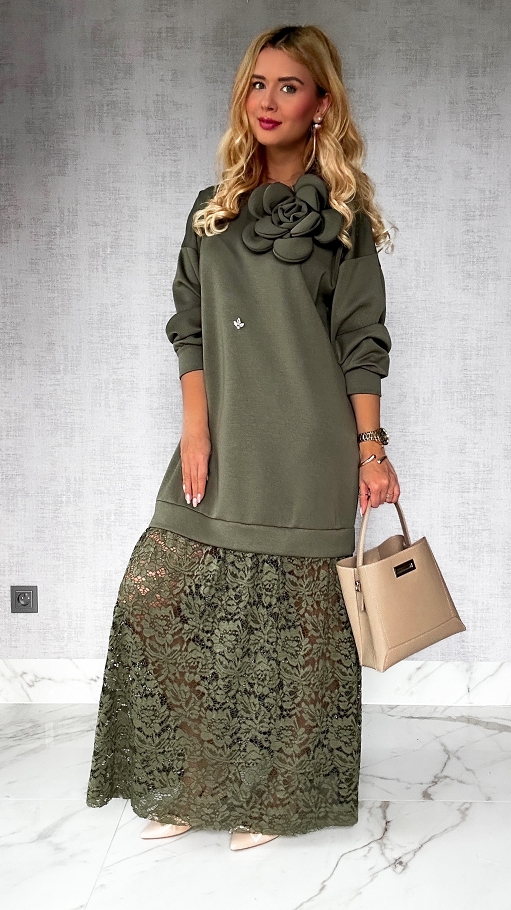 MAXI sukienka z koronką w sportowym stylu KHAKI - P232