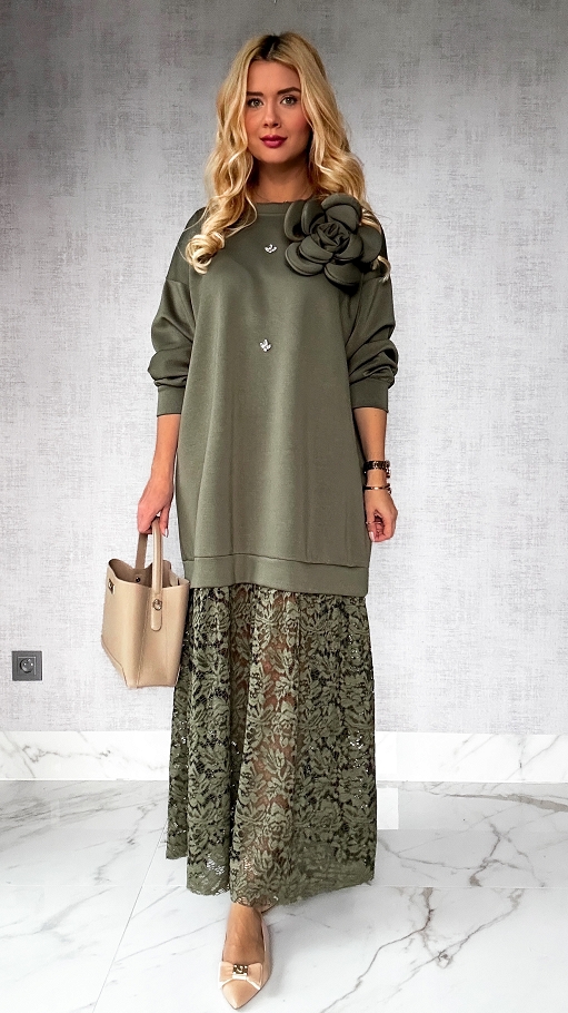 MAXI sukienka z koronką w sportowym stylu KHAKI - P232