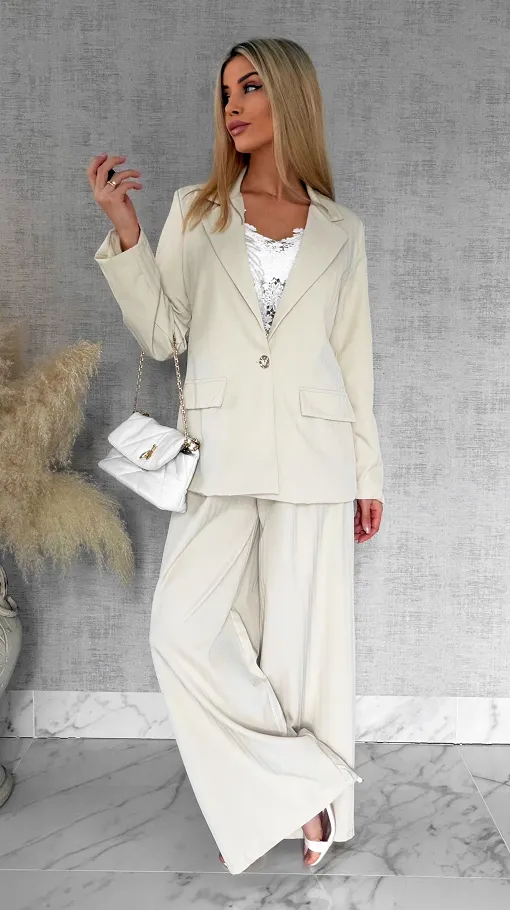 Idealny wiosenny komplet jasno beżowy żakiet + spodnie ONE SIZE - R805B