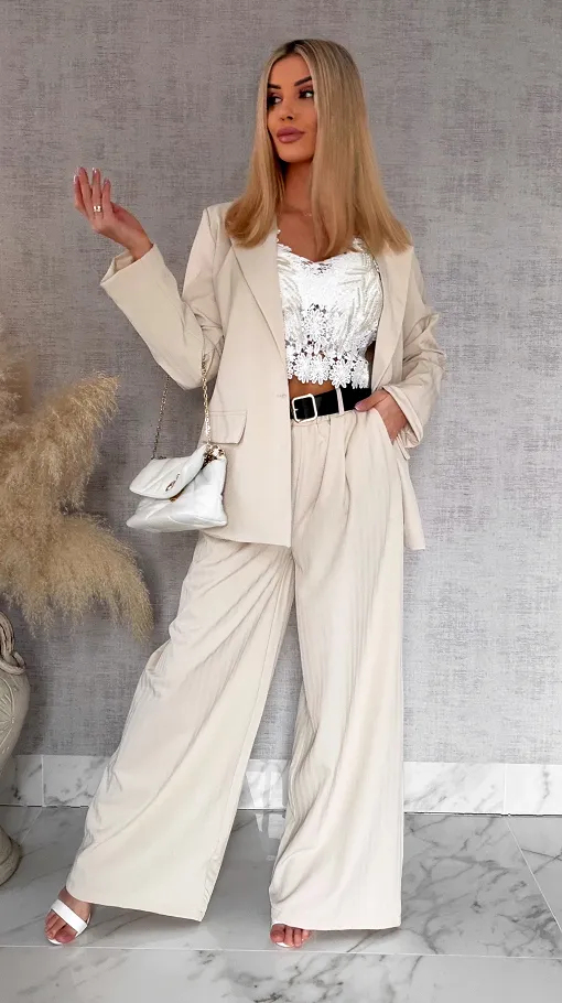 Idealny wiosenny komplet jasno beżowy żakiet + spodnie ONE SIZE - R805B