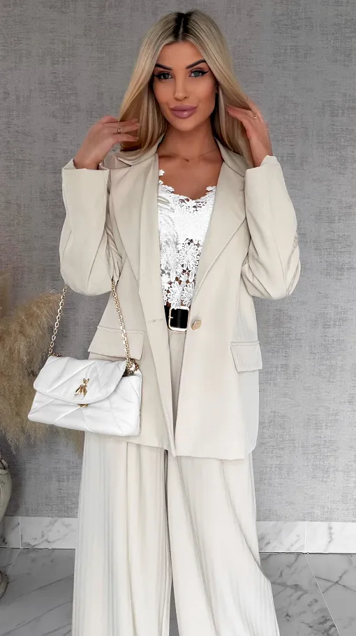 Idealny wiosenny komplet jasno beżowy żakiet + spodnie ONE SIZE - R805B