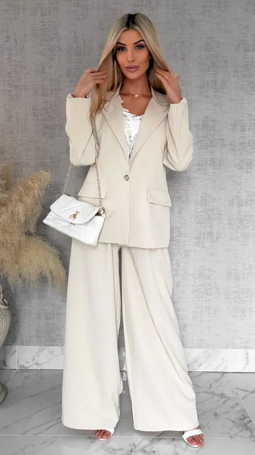 Idealny wiosenny komplet jasno beżowy żakiet + spodnie ONE SIZE - R805B