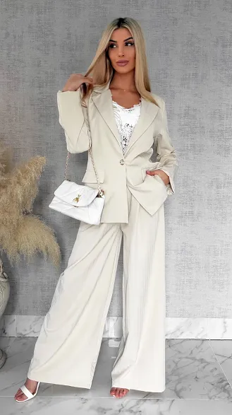 Idealny wiosenny komplet jasno beżowy żakiet + spodnie ONE SIZE - R805B