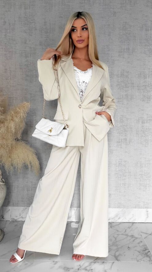 Idealny wiosenny komplet jasno beżowy żakiet + spodnie ONE SIZE - R805B