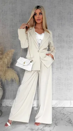 Idealny wiosenny komplet jasno beżowy żakiet + spodnie ONE SIZE - R805B