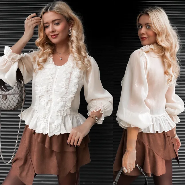 Elegancka bluzka koszulowa ecru z różyczkami ONE SIZE - R385