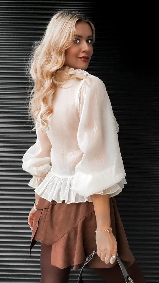 Elegancka bluzka koszulowa ecru z różyczkami ONE SIZE - R385