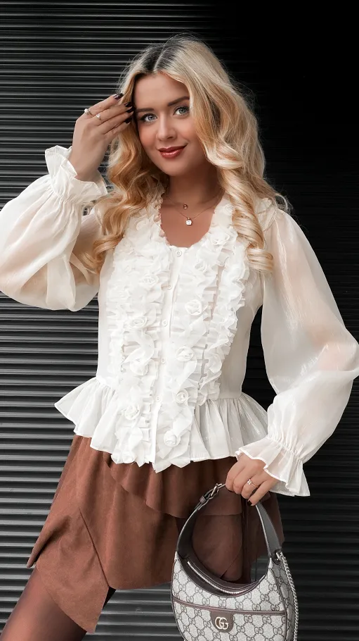 Elegancka bluzka koszulowa ecru z różyczkami ONE SIZE - R385