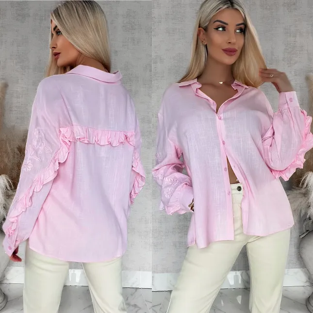 Piękna różowa koszula z haftowanymi rękawami ONE SIZE - R881A
