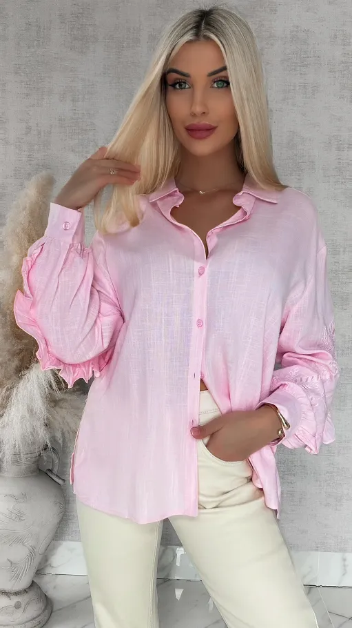 Piękna różowa koszula z haftowanymi rękawami ONE SIZE - R881A