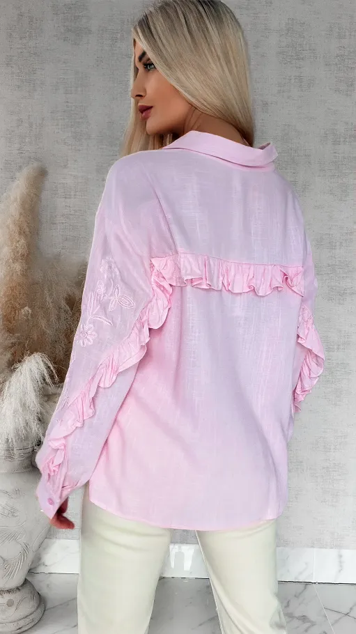 Piękna różowa koszula z haftowanymi rękawami ONE SIZE - R881A