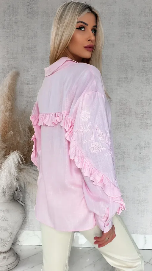 Piękna różowa koszula z haftowanymi rękawami ONE SIZE - R881A