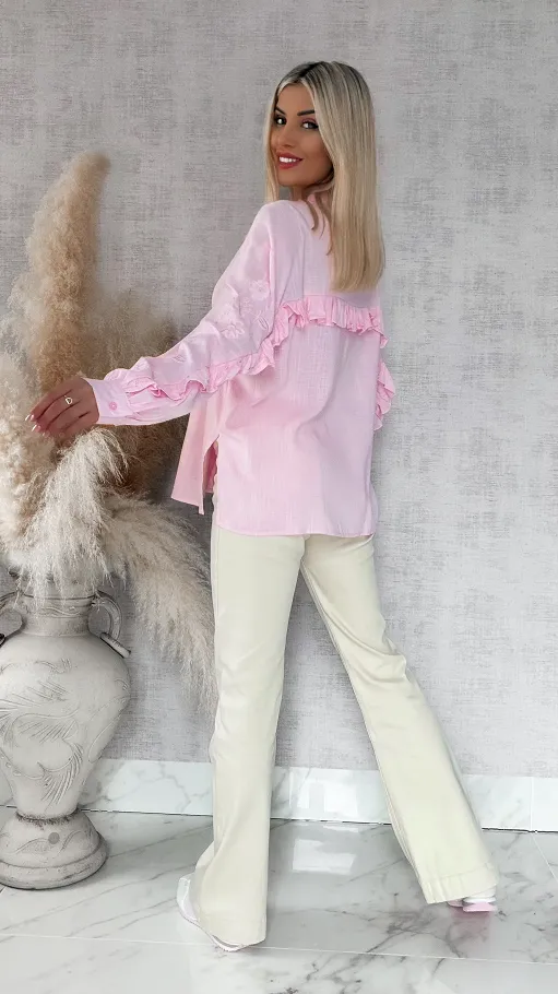 Piękna różowa koszula z haftowanymi rękawami ONE SIZE - R881A