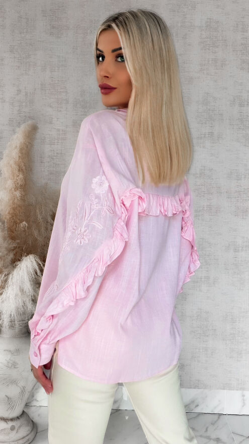 Piękna różowa koszula z haftowanymi rękawami ONE SIZE - R881A