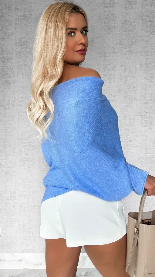 Lekki asymetryczny sweter ONE SIZE niebieski - P474A