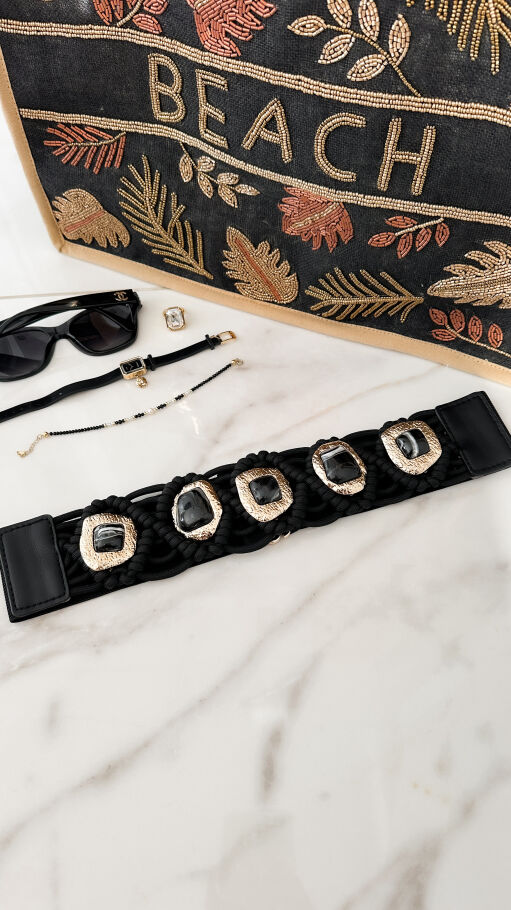 Ekskluzywny elastyczny PASEK złote elementy z kamieniami CZARNY - P661A