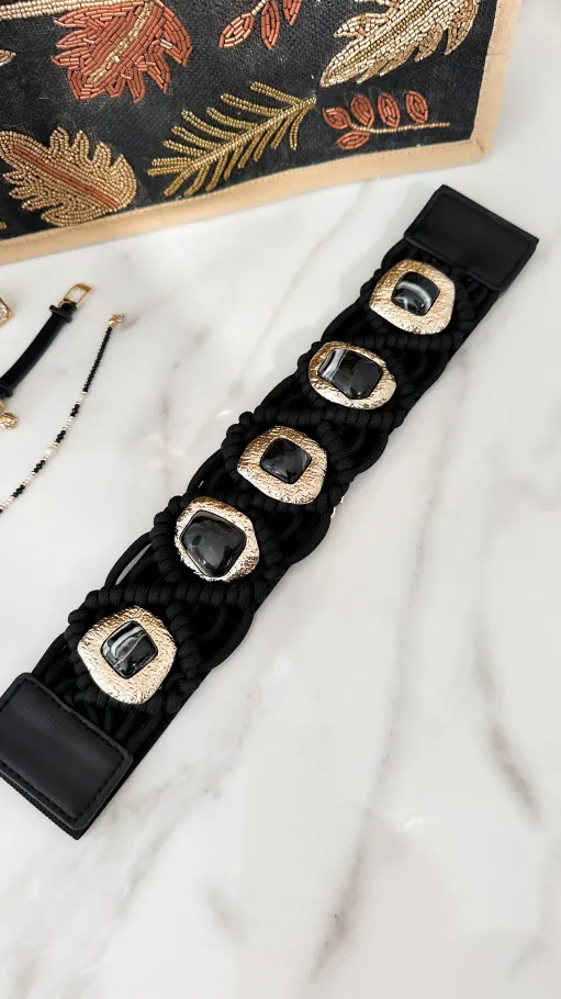 Ekskluzywny elastyczny PASEK złote elementy z kamieniami CZARNY - P661A