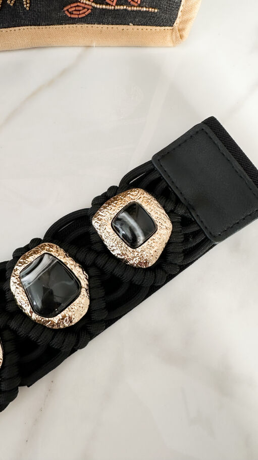 Ekskluzywny elastyczny PASEK złote elementy z kamieniami CZARNY - P661A