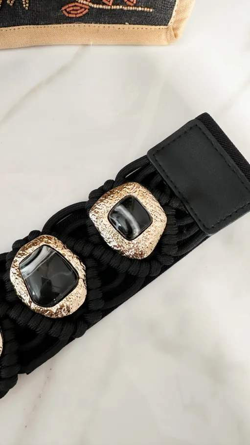 Ekskluzywny elastyczny PASEK złote elementy z kamieniami CZARNY - P661A